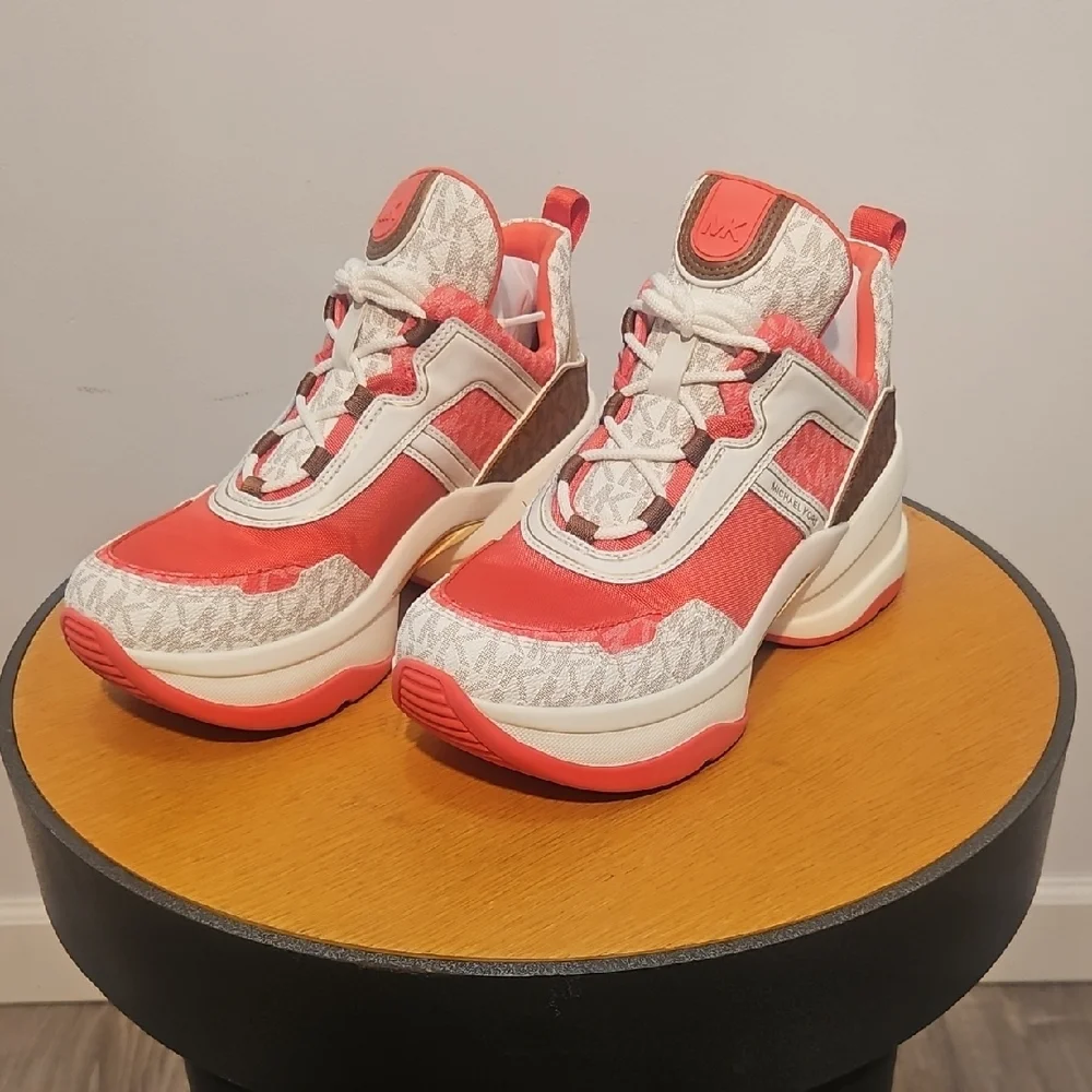 Michael Kors Women's Coral and White Sneakers - Picture 1 of 8